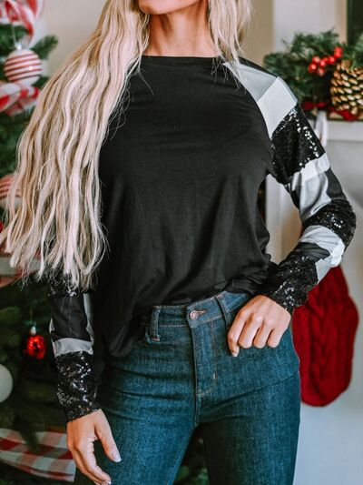 Plaid Sequin Long Sleeve Round Neck T-Shirt Trendsi