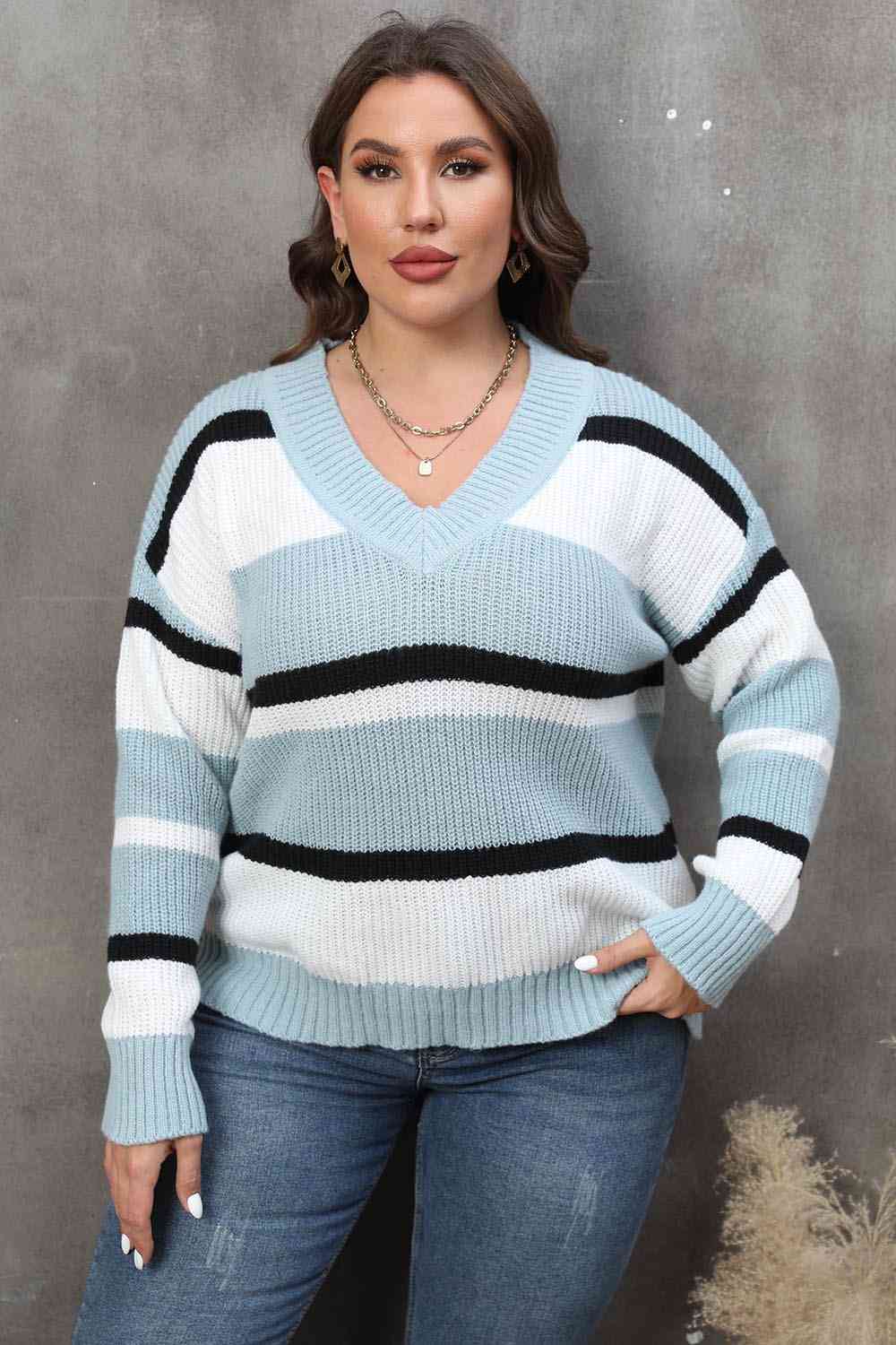 Plus Size Striped V-Neck Dropped Shoulder Sweater BLUE ZONE PLANET