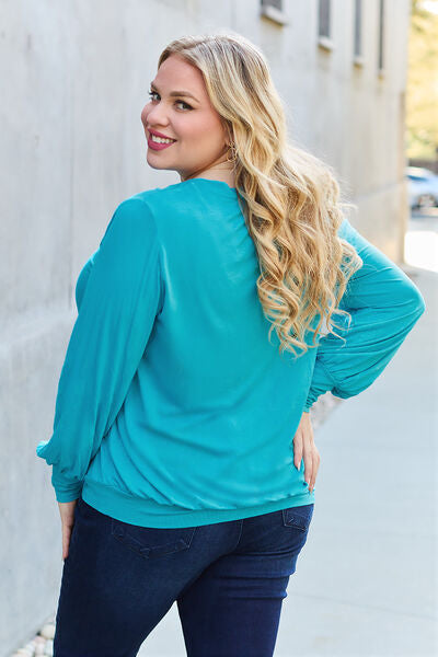 Blue Zone Planet | Basic Bae Full Size V-Neck Lantern Sleeve Blouse BLUE ZONE PLANET