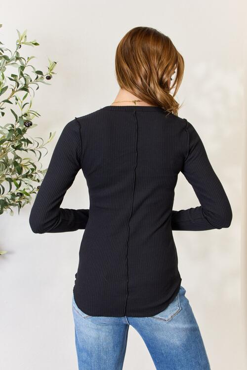 Culture Code Full Size Ribbed Round Neck Long Sleeve Top BLUE ZONE PLANET