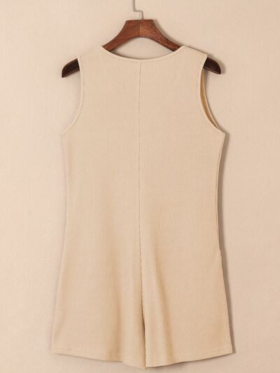 Waffle-Knit Half Button Sleeveless Romper with Pockets Trendsi