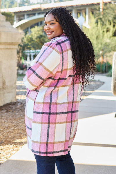 Double Take Full Size Plaid Button Up Lapel Collar Coat BLUE ZONE PLANET