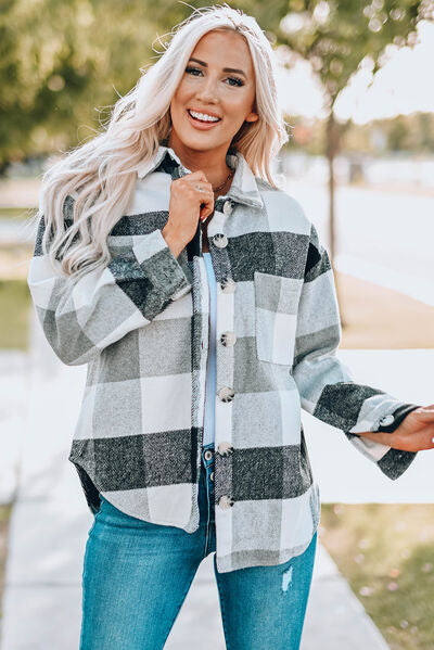 Blue Zone Planet | Plaid Button Up Dropped Shoulder Jacket BLUE ZONE PLANET
