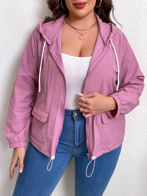Plus Size Zip-Up Drawstring Hooded Jacket with Pockets BLUE ZONE PLANET