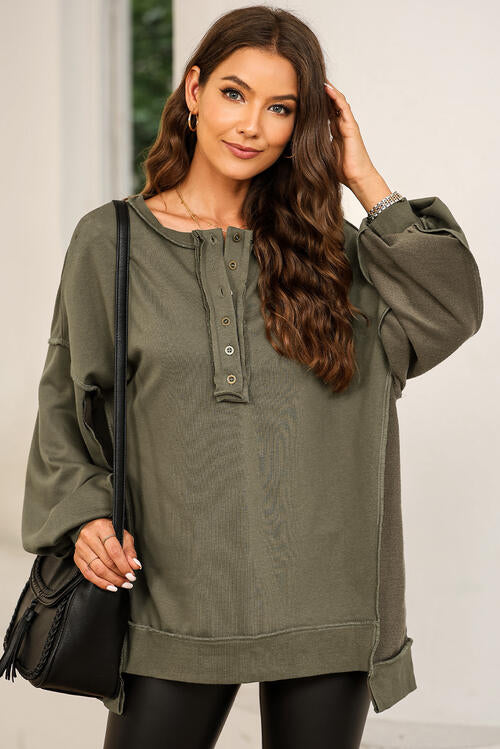 Buttoned Dropped Shoulder Sweatshirt BLUE ZONE PLANET