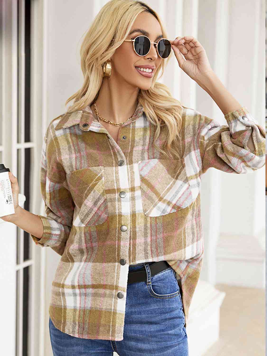 Snap Up Plaid Collared Neck Jacket with Pocket BLUE ZONE PLANET