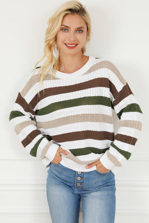 Striped Openwork Dropped Shoulder Sweater BLUE ZONE PLANET