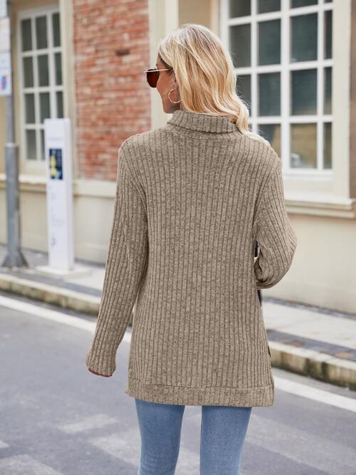 Ribbed Turtleneck Long Sleeve Slit Knit Top BLUE ZONE PLANET