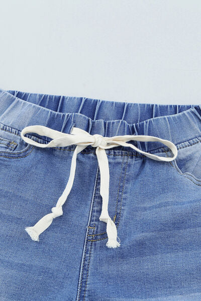 Blue Zone Planet | Drawstring Distressed Raw Hem Jeans with Pockets BLUE ZONE PLANET