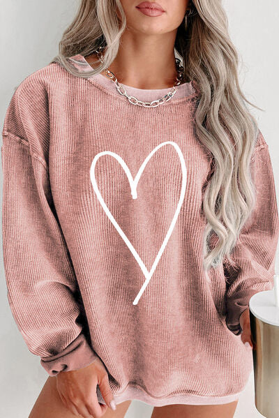 Blue Zone Planet | Plus Size Heart Ribbed Round Neck Sweatshirt BLUE ZONE PLANET