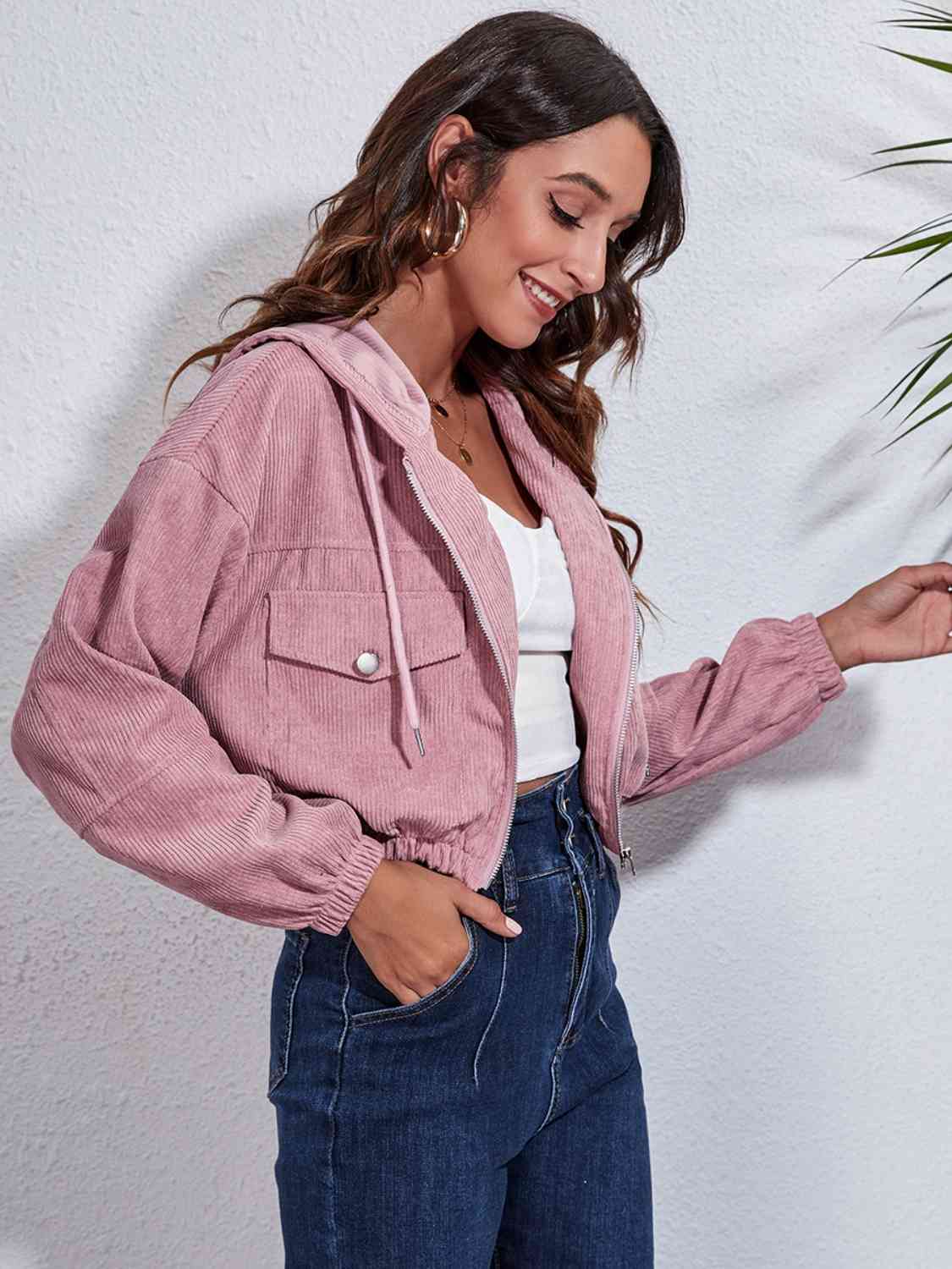 Drawstring Hooded Zip Up Jacket with Pockets BLUE ZONE PLANET