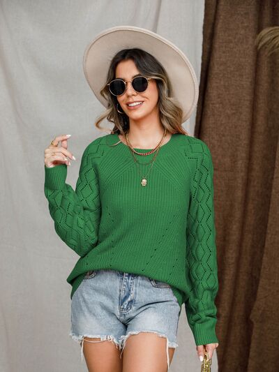 Openwork Round Neck Raglan Sleeve Sweater BLUE ZONE PLANET