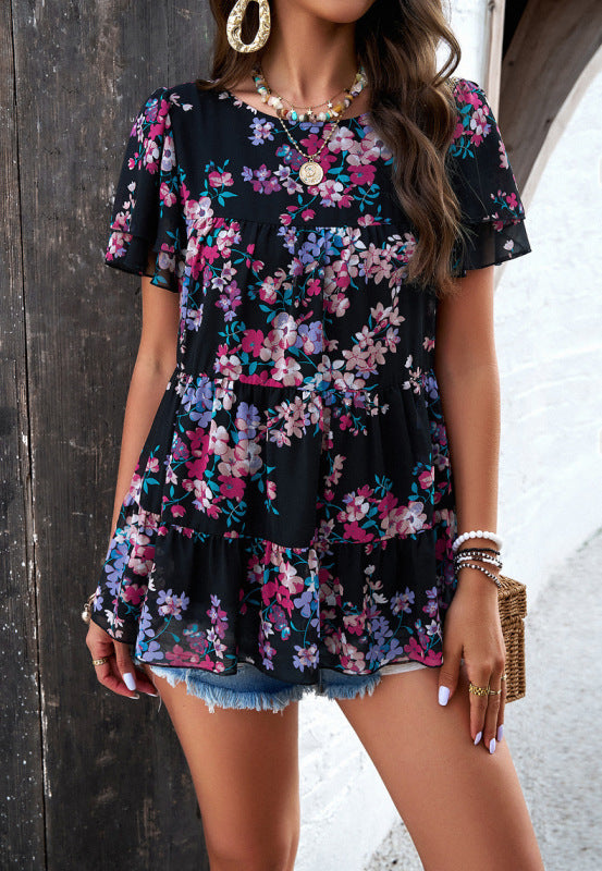 Celeste's printed short-sleeved top blouse BLUE ZONE PLANET