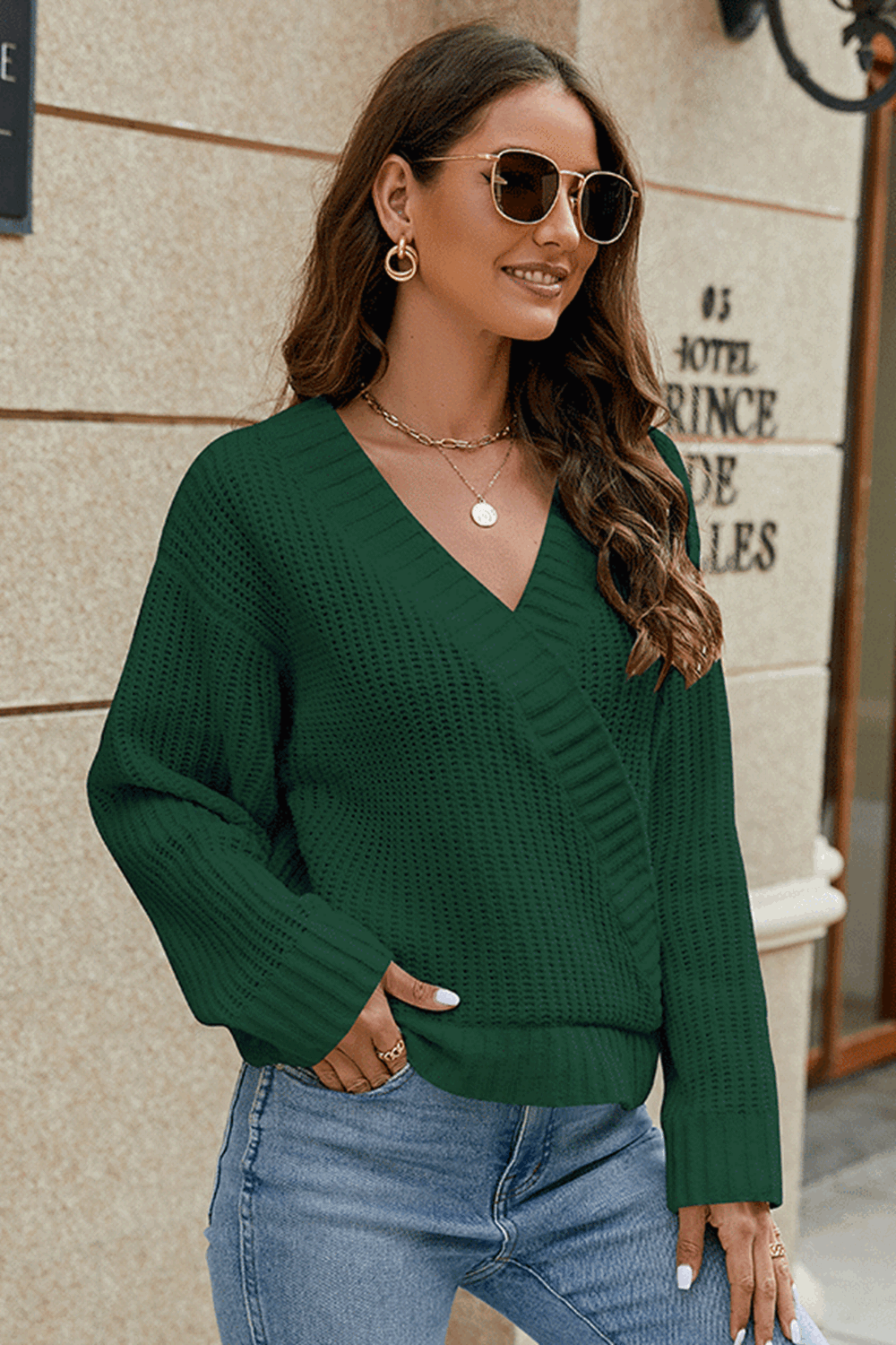 Surplice Neck Long Sleeve Sweater BLUE ZONE PLANET