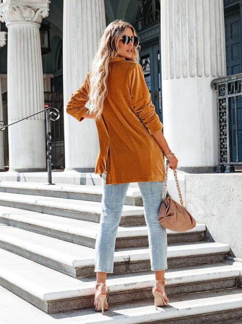 Button Up Long Sleeve Blazer with Pocket BLUE ZONE PLANET