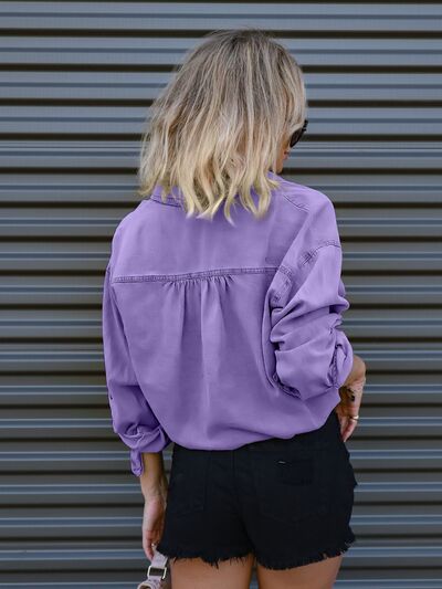 Blue Zone Planet | Drawstring Pocketed Button Up Denim Top BLUE ZONE PLANET