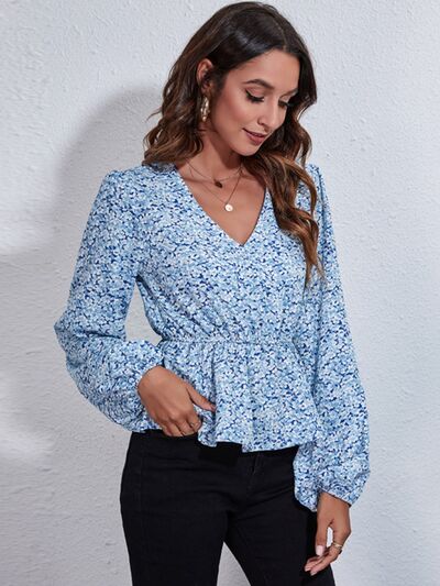 Floral V-Neck Balloon Sleeve Peplum Blouse BLUE ZONE PLANET