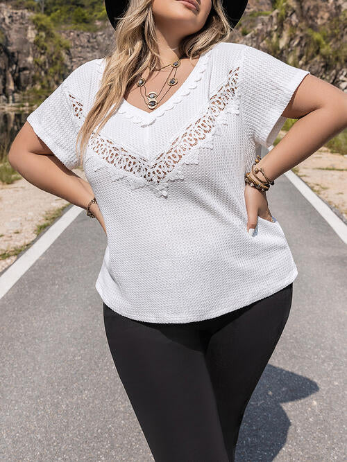 Plus Size Lace Detail V-Neck Short Sleeve Blouse BLUE ZONE PLANET
