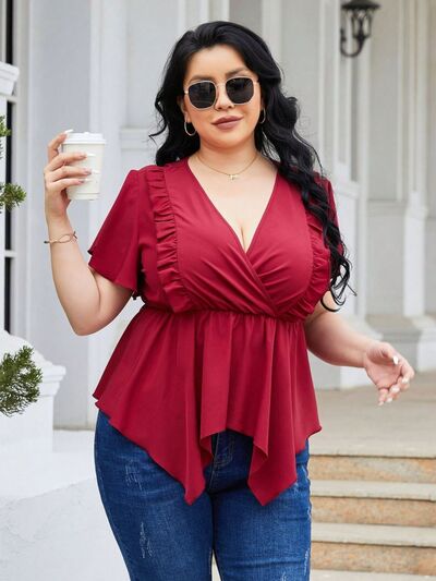 Plus Size Frill Surplice Flutter Sleeve Blouse BLUE ZONE PLANET