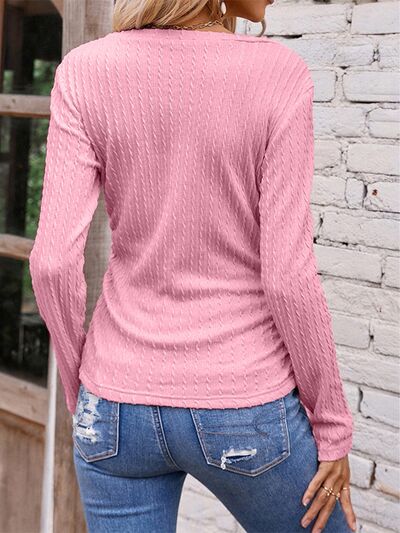 Blue Zone Planet | Textured Ruched V-Neck Long Sleeve T-Shirt BLUE ZONE PLANET