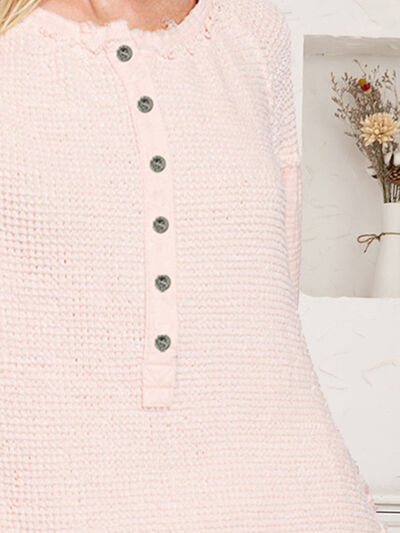 Blue Zone Planet | Waffle Knit Half Button Raw Hem Blouse BLUE ZONE PLANET