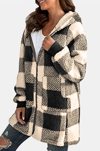 Blue Zone Planet | Double Take Full Size Plaid Long Sleeve Hooded Coat BLUE ZONE PLANET