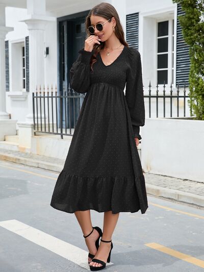 Swiss Dot V-Neck Smocked Lantern Sleeve Ruffle Hem Dress BLUE ZONE PLANET