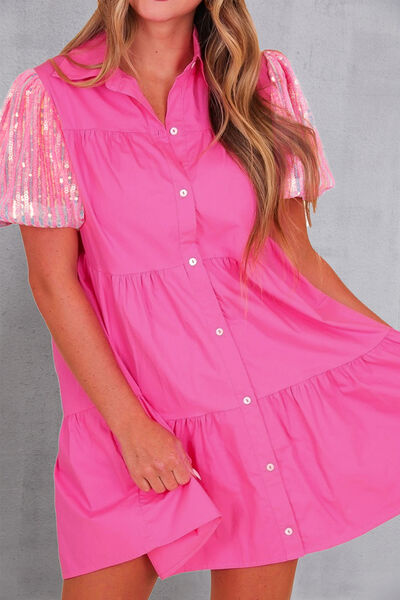 Blue Zone Planet | Sequin Button Up Tiered Dress BLUE ZONE PLANET