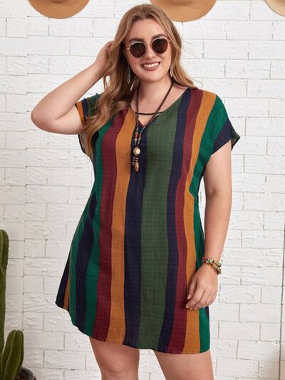 Blue Zone Planet | Plus Size Striped Short Sleeve Mini Dress BLUE ZONE PLANET