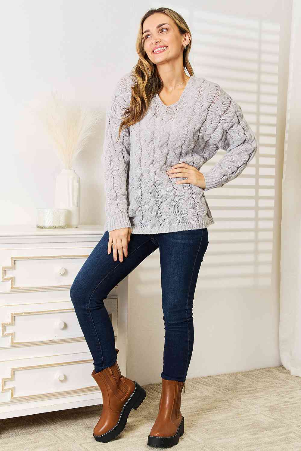 Woven Right Cable-Knit Hooded Sweater BLUE ZONE PLANET