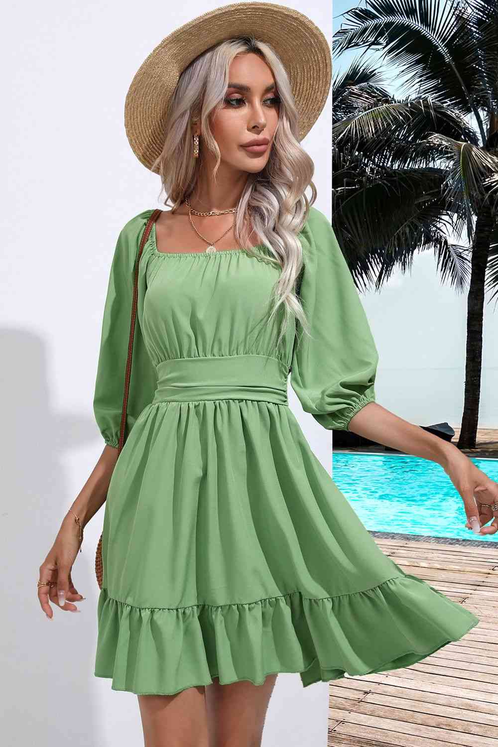 Blue Zone Planet |  Square Neck Tie Back Ruffle Hem Dress BLUE ZONE PLANET