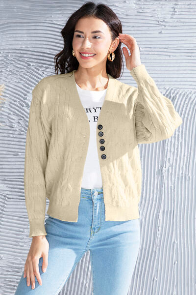 Blue Zone Planet | Cable-Knit Button Up Dropped Shoulder Cardigan BLUE ZONE PLANET