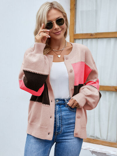 Blue Zone Planet | Color Block Button Up Lantern Sleeve Cardigan BLUE ZONE PLANET