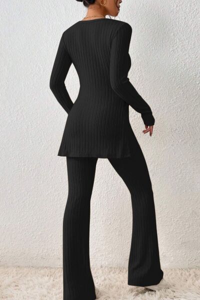 Blue Zone Planet | Ribbed Long Sleeve Slit Top and Bootcut Pants Set BLUE ZONE PLANET