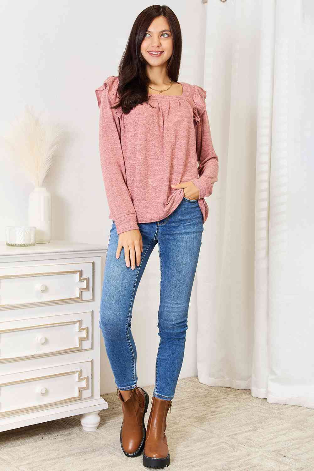 Double Take Square Neck Ruffle Shoulder Long Sleeve T-Shirt BLUE ZONE PLANET
