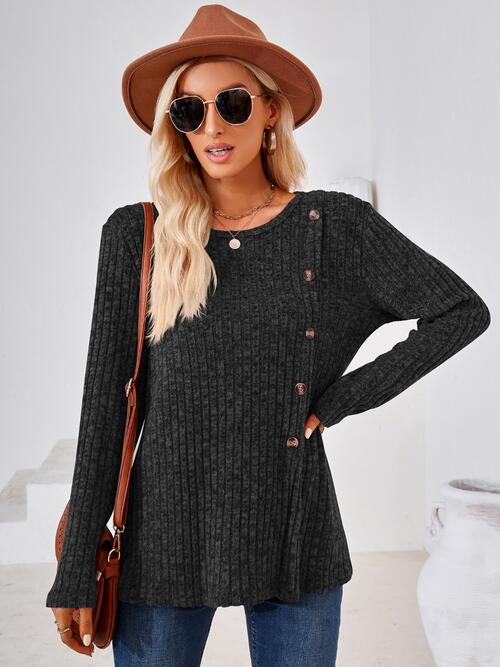 Ribbed Buttoned Round Neck Slit T-Shirt BLUE ZONE PLANET