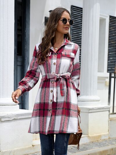 Blue Zone Planet | Plaid Belted Collared Neck Button Up Jacket BLUE ZONE PLANET