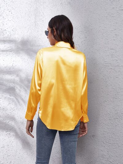 Button Up Collared Neck Long Sleeve Shirt BLUE ZONE PLANET