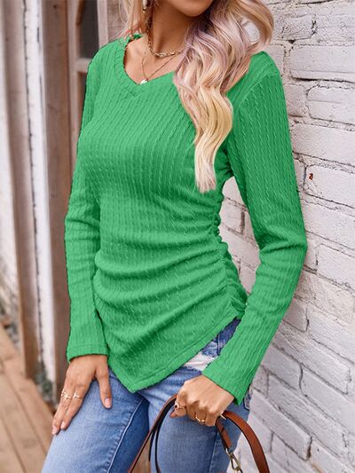 Blue Zone Planet | Textured Ruched V-Neck Long Sleeve T-Shirt BLUE ZONE PLANET