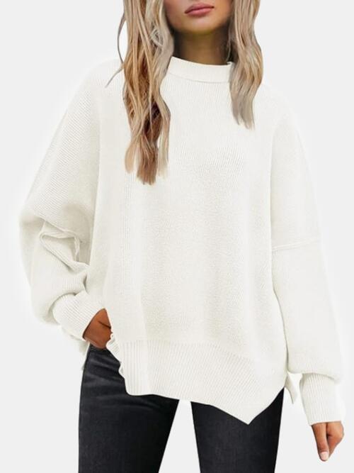 Round Neck Drop Shoulder Slit Sweater BLUE ZONE PLANET