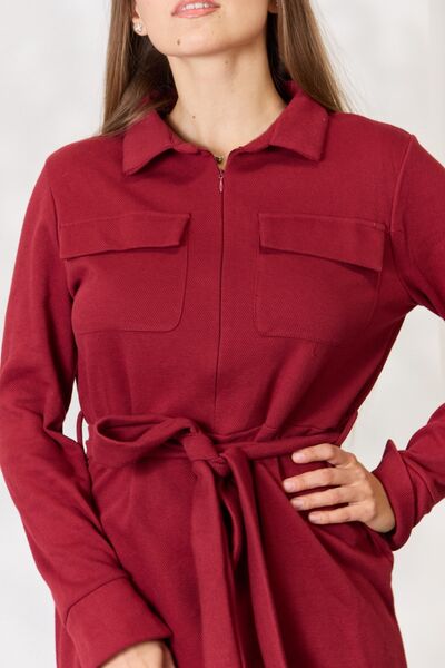 Culture Code Full Size Tie Front Half Zip Long Sleeve Shirt Dress BLUE ZONE PLANET