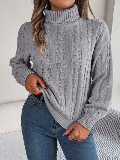 Blue Zone Planet | Cable-Knit Turtleneck Dropped Shoulder Sweater BLUE ZONE PLANET