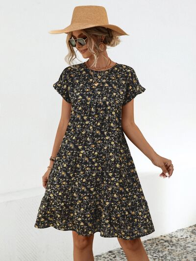 Blue Zone Planet | Frill Floral Round Neck Short Sleeve Tiered Dress BLUE ZONE PLANET