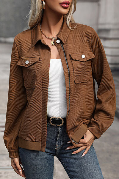 Textured Zip Up Collared Neck Jacket BLUE ZONE PLANET