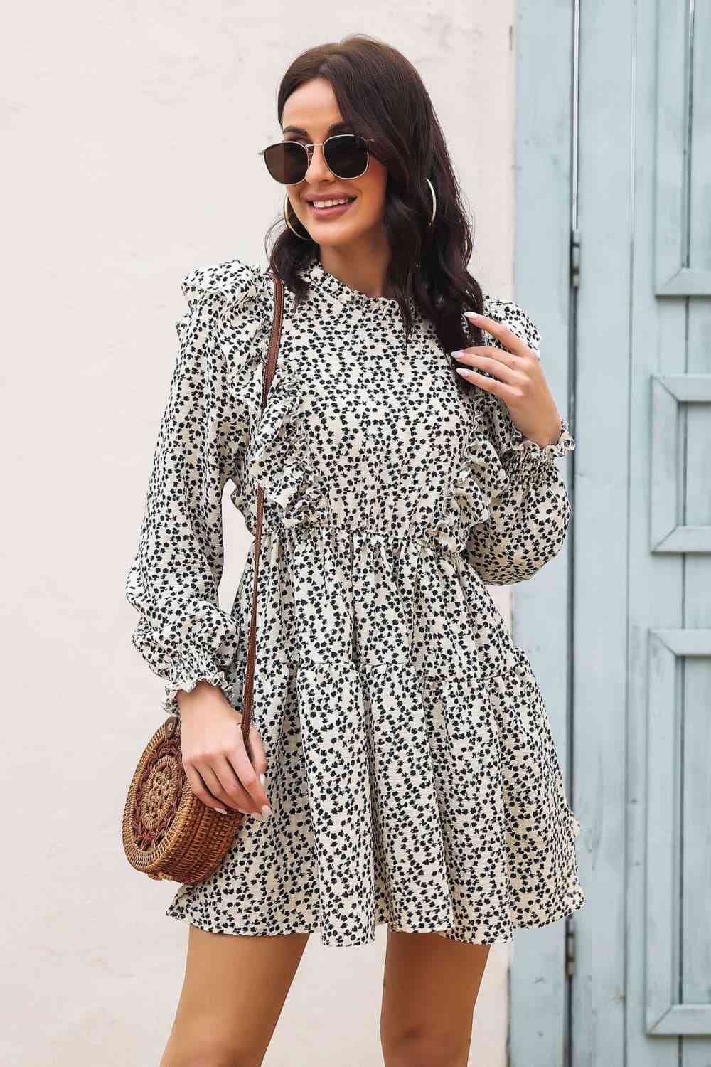 Printed Ruffle Trim Smocked Long Sleeve Mini Dress BLUE ZONE PLANET