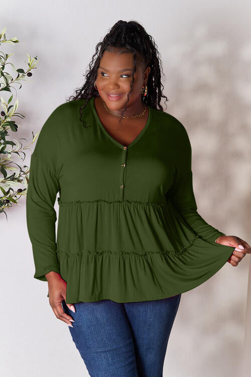 Double Take Half Button Long Sleeve Ruffle Hem Blouse BLUE ZONE PLANET