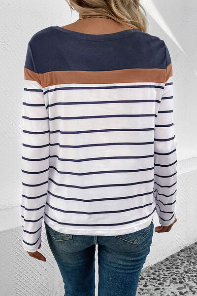 Blue Zone Planet | Striped Round Neck Long Sleeve T-Shirt BLUE ZONE PLANET