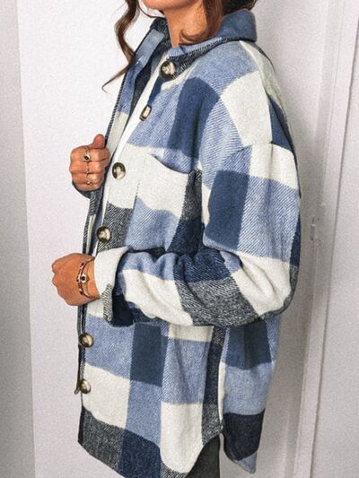 Blue Zone Planet | Plaid Pocketed Dropped Shoulder Button Up Jacket BLUE ZONE PLANET