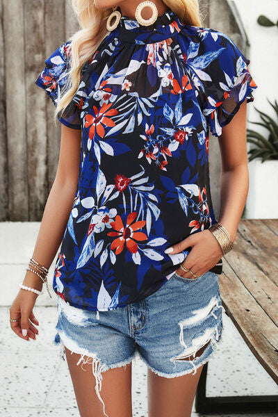 Printed Ruffled Mock Neck Blouse Trendsi
