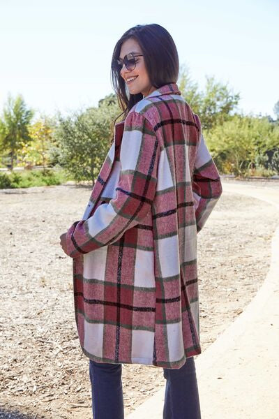 Double Take Full Size Plaid Button Up Lapel Collar Coat BLUE ZONE PLANET